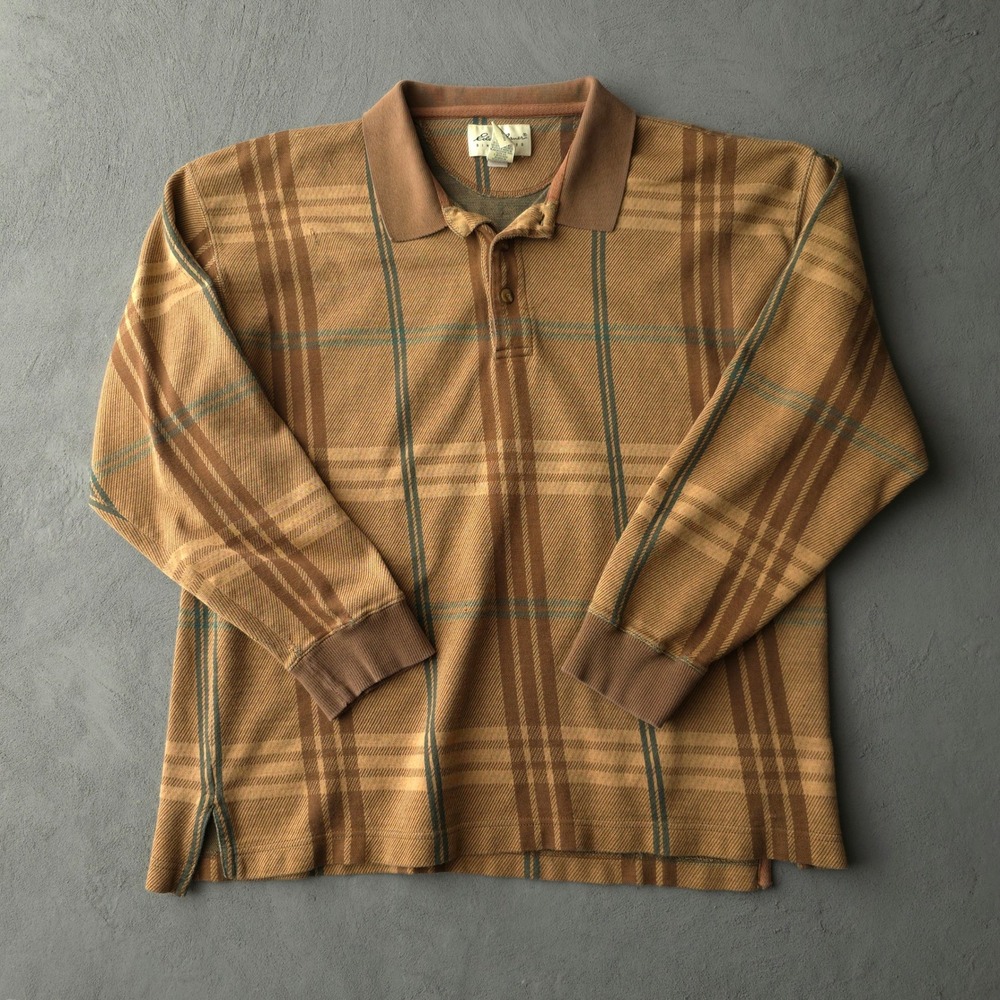Vintage 90s Long Sleeve Plaid Polo Shirt XL Brown Cotton Eddie Bauer